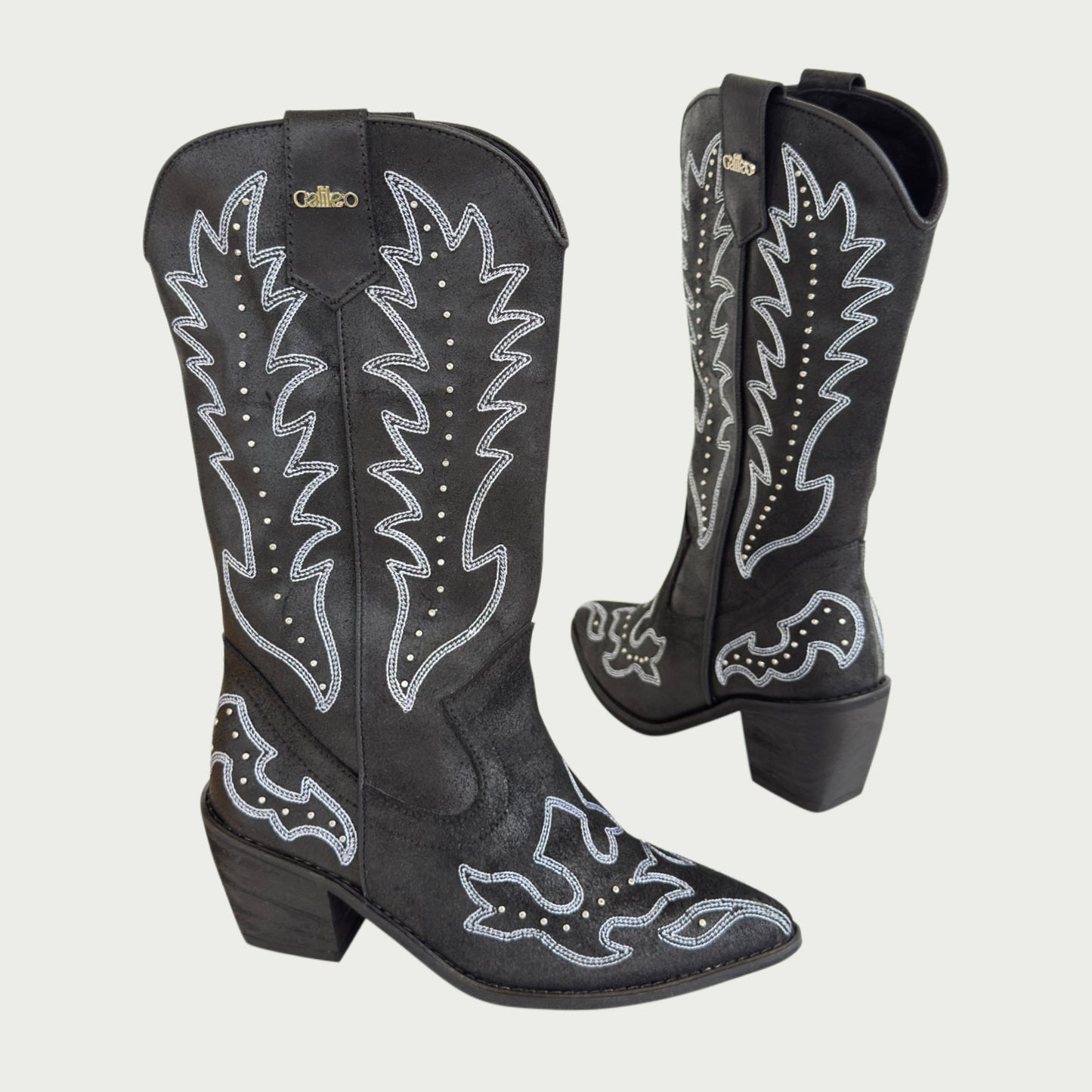 Bota texana en cuero negro carnaza encerado x detalles Ref: 1696AZNG