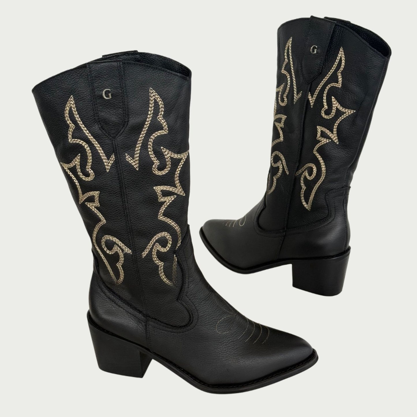 Botas texanas en cuero x folia negro - bordado beige Ref: 1731XPNG