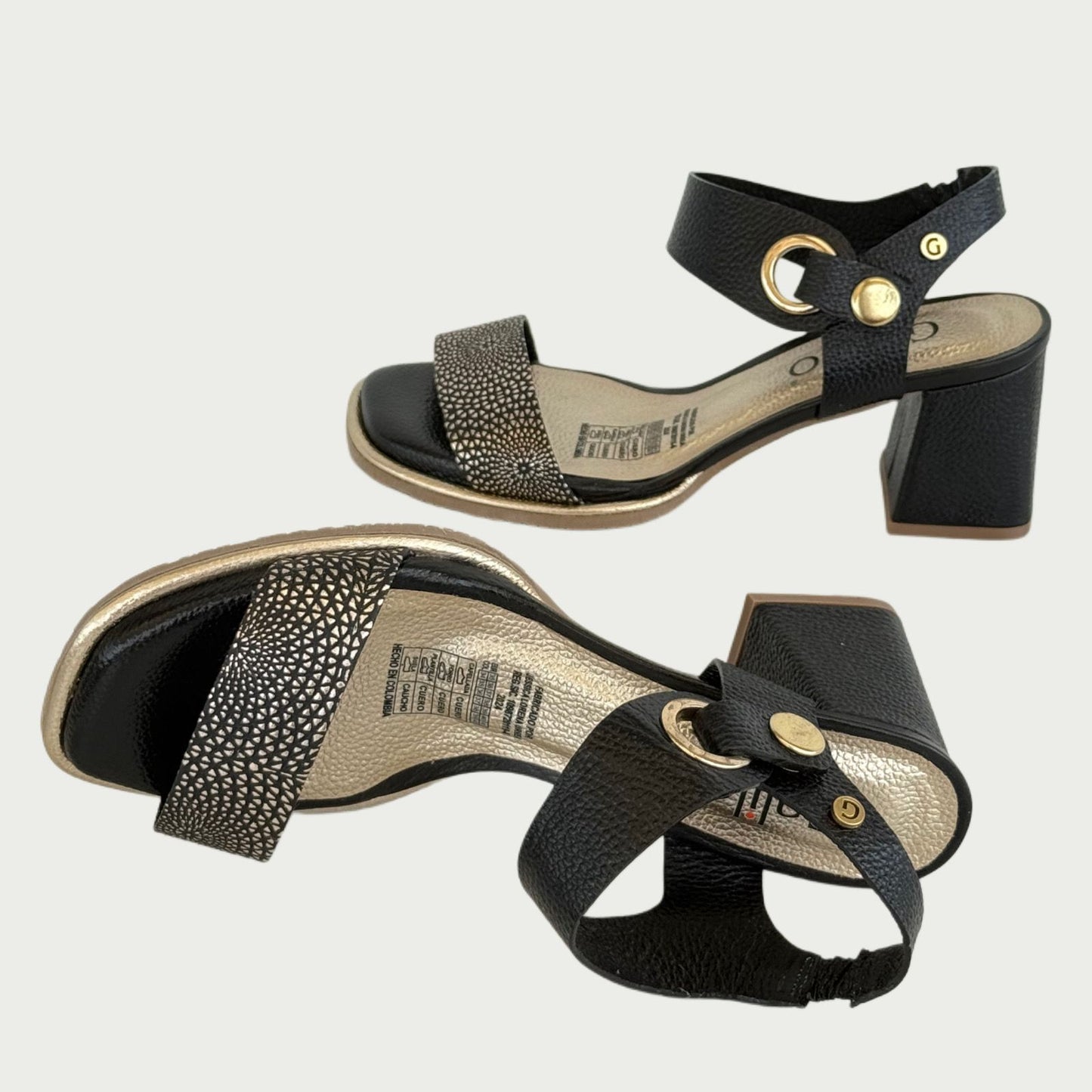 Sandalia en cuero negro x dorado Ref: 1613XPNO