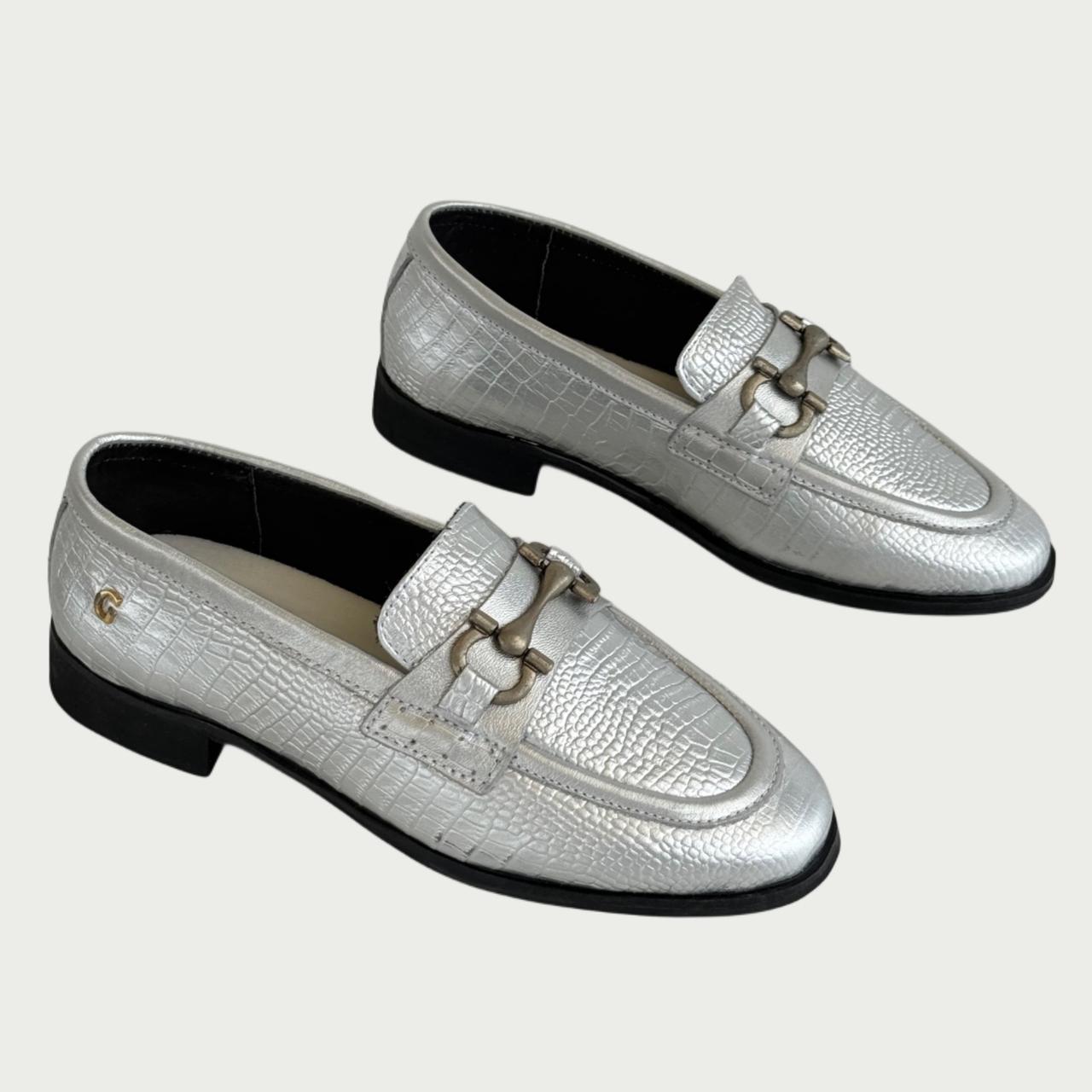 Mocasín en cuero fosil metal plata Ref: ZARA06MMP
