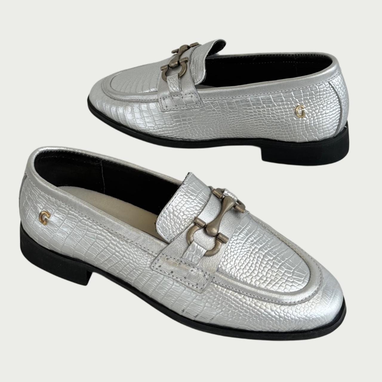 Mocasín en cuero fosil metal plata Ref: ZARA06MMP