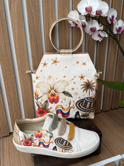 Tenis en cuero beige estampado fiesta Ref: T01-4