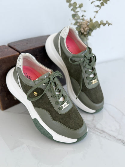 Tenis en cuero verde militar x gamuza Ref: 5714ZPVE