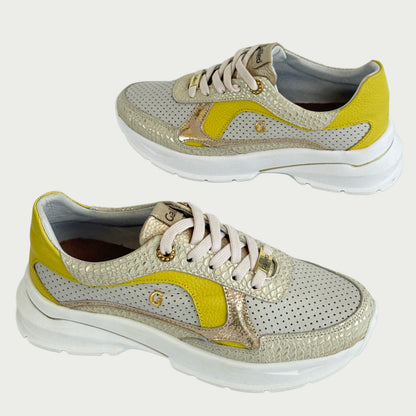 Tenis en cuero color talco x amarillo   Ref :SD05NTAL5