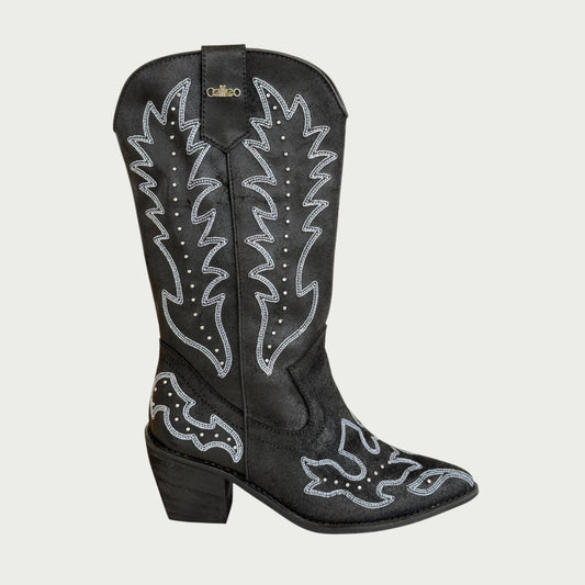 Bota texana en cuero negro carnaza encerado x detalles Ref: 1696AZNG