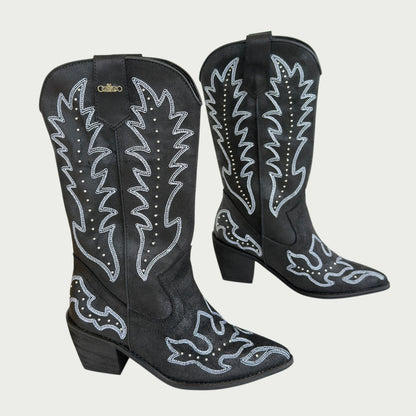 Bota texana en cuero negro carnaza encerado x detalles Ref: 1696AZNG