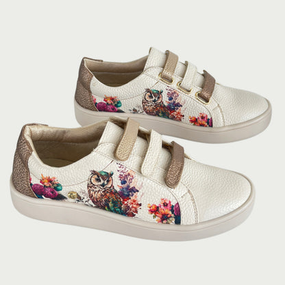 Tenis en cuero beige estampado búho multicolor Ref: T014APBU