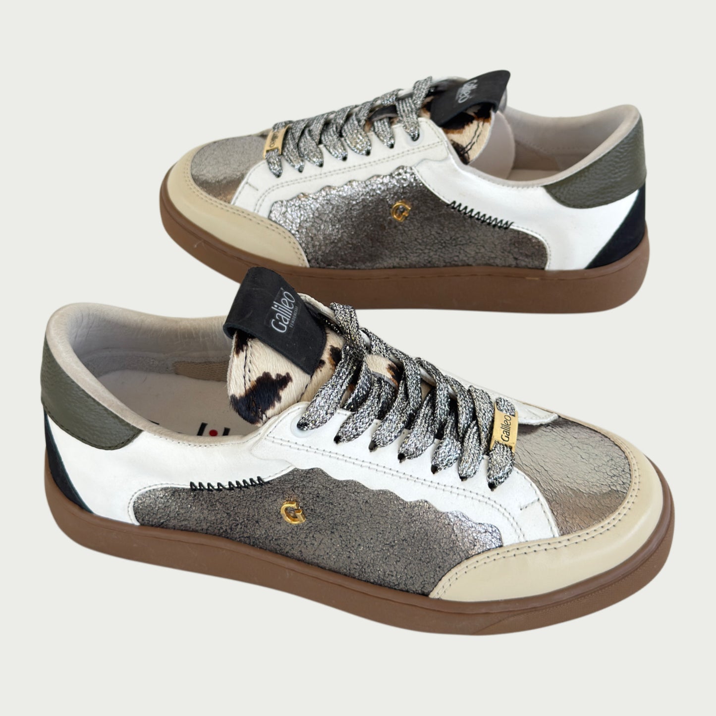 Tenis en cuero plateado blanco beige x folia Ref: FRIDAXPF